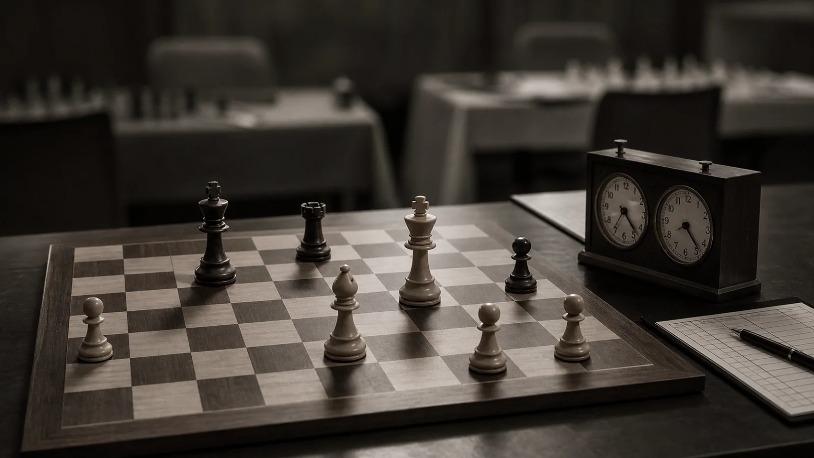 Sparse chess endgame beside a traditional analog tournament clock