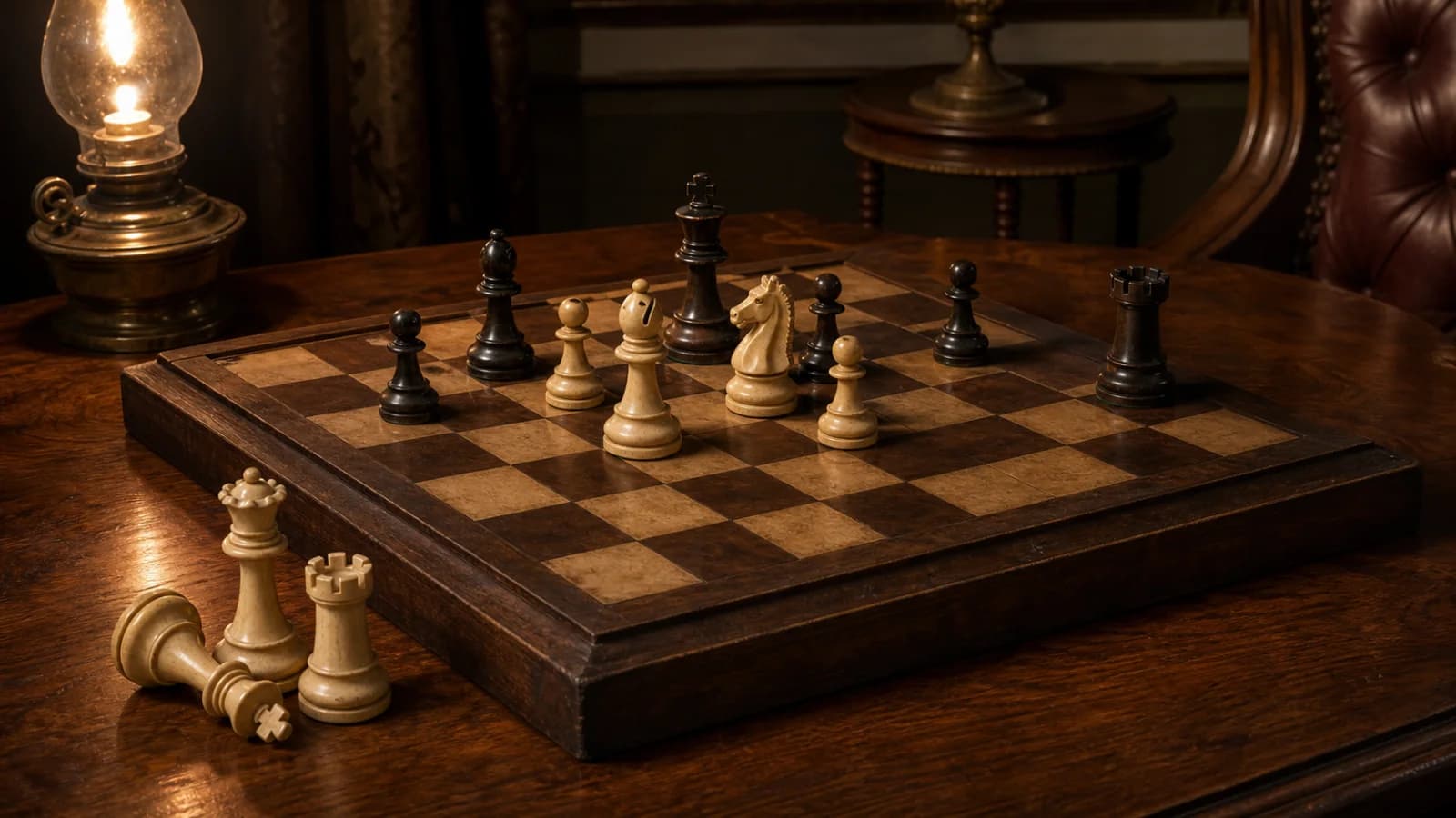 Antique chessboard arranged to evoke Anderssen's attacking Immortal Game