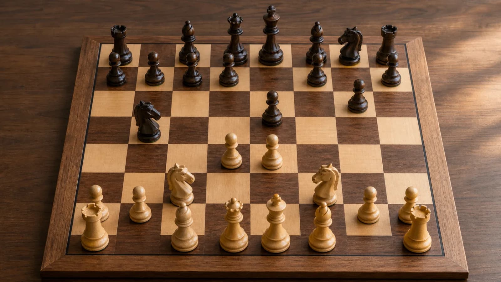 Wooden chessboard showing central pawns and naturally developed pieces