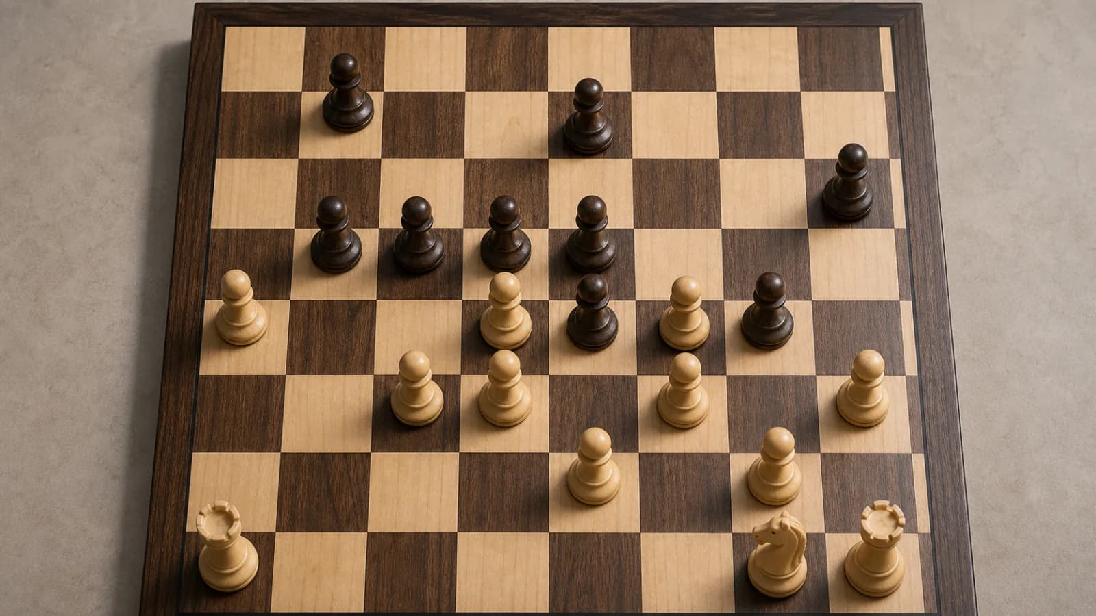 Overhead chessboard with interlocking light and dark pawn chains
