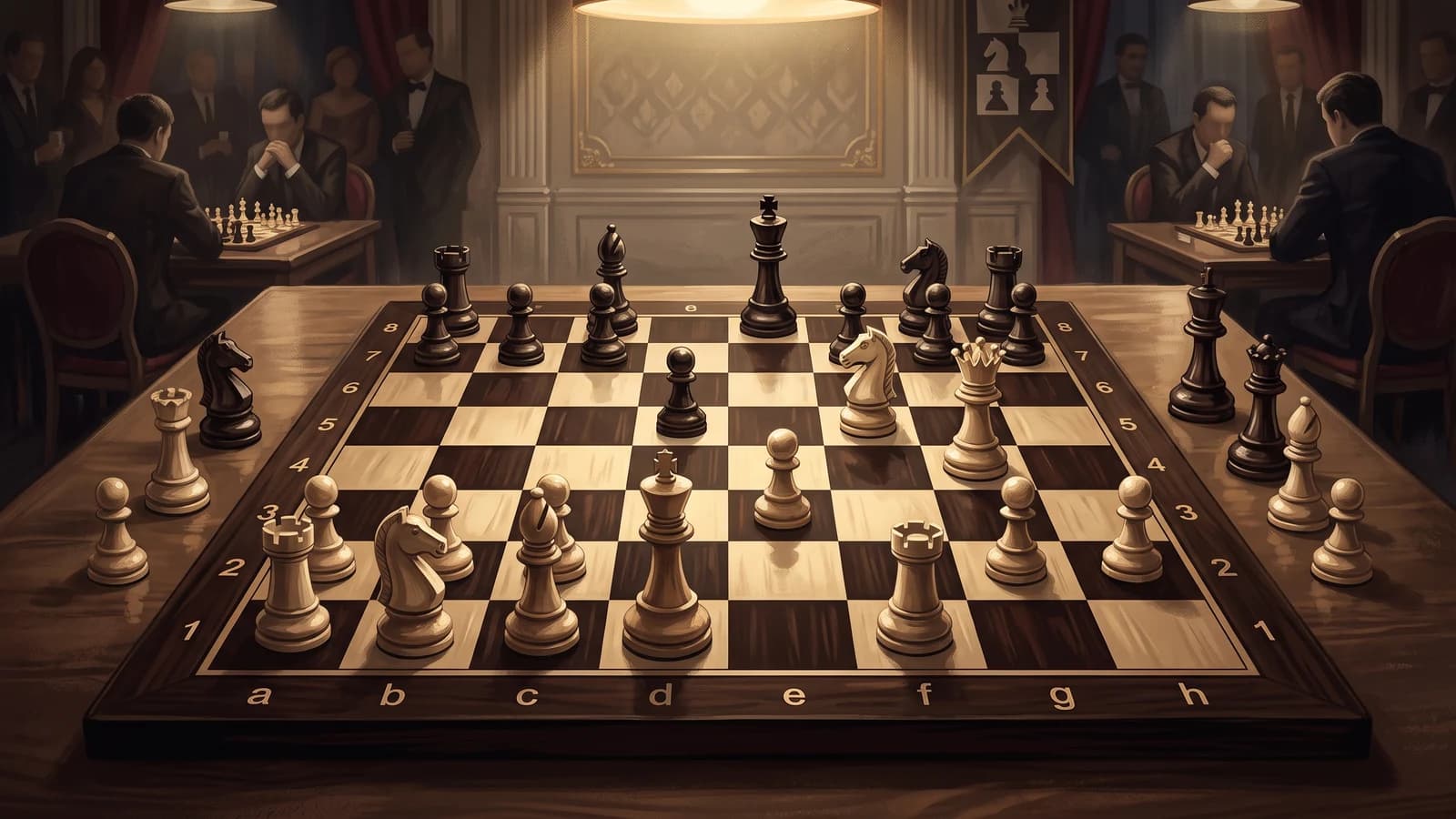 A chessboard showing a white knight sacrifice breaking open the black king position.